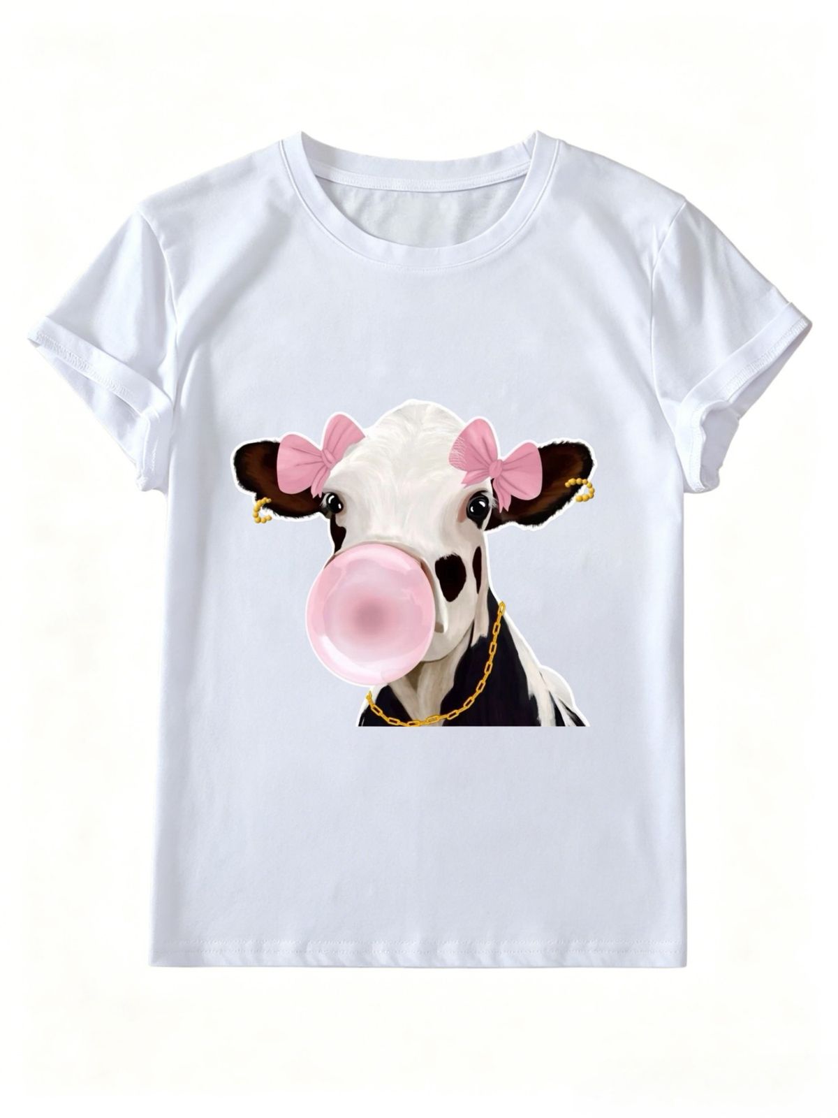 Women Cute Cow Blowing Pink Bubble Gum Graphic T-Shirt Bow Gold Chain Print Crew Neck Short Sleeve Casual Summer Tee_ecoleips.com