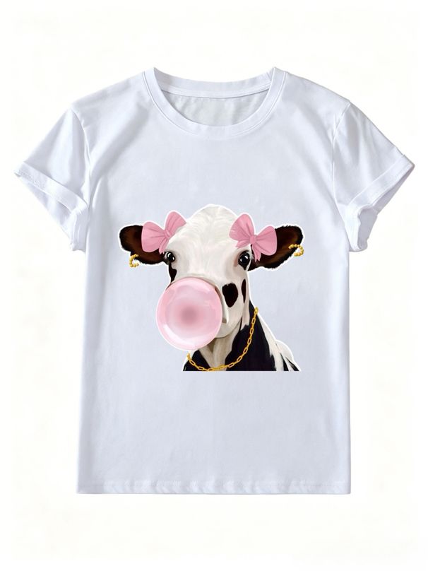 Women Cute Cow Blowing Pink Bubble Gum Graphic T-Shirt Bow Gold Chain Print Crew Neck Short Sleeve Casual Summer Tee_ecoleips.com