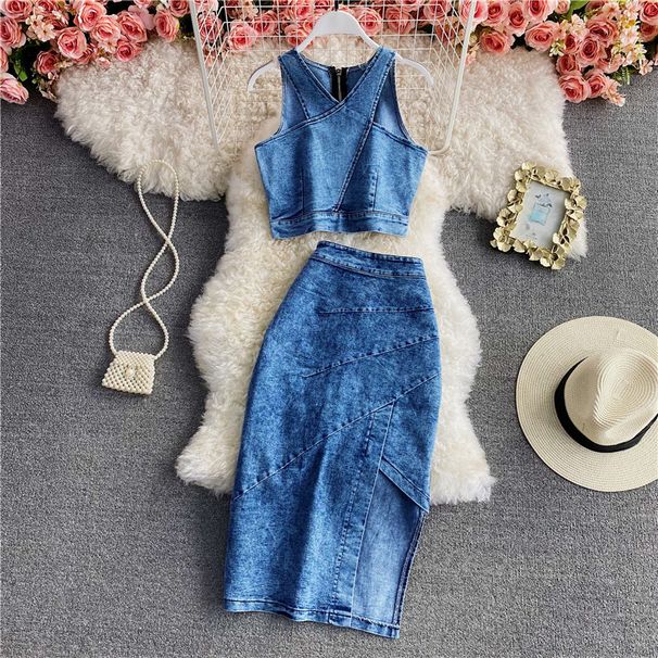 Women's Clothing New Slim Fit Zipper Short Denim Camisole Two Piece Suit Irregular Slit Hip Skirt_ecoleips.com