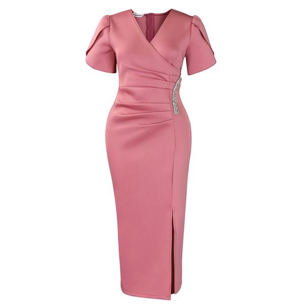 Elegant V-Neck Long Evening Dress With Rhinestone Detail - African-Inspired Formal Gown For Women, High Waist Bodycon Dress For Parties_ecoleips.com