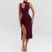 Sexy Women Sheer Mesh Patchwork Cowl Neck Sleeveless Slip Dress Open Back High Slit Slim Bodycon Party Dress_ecoleips.com