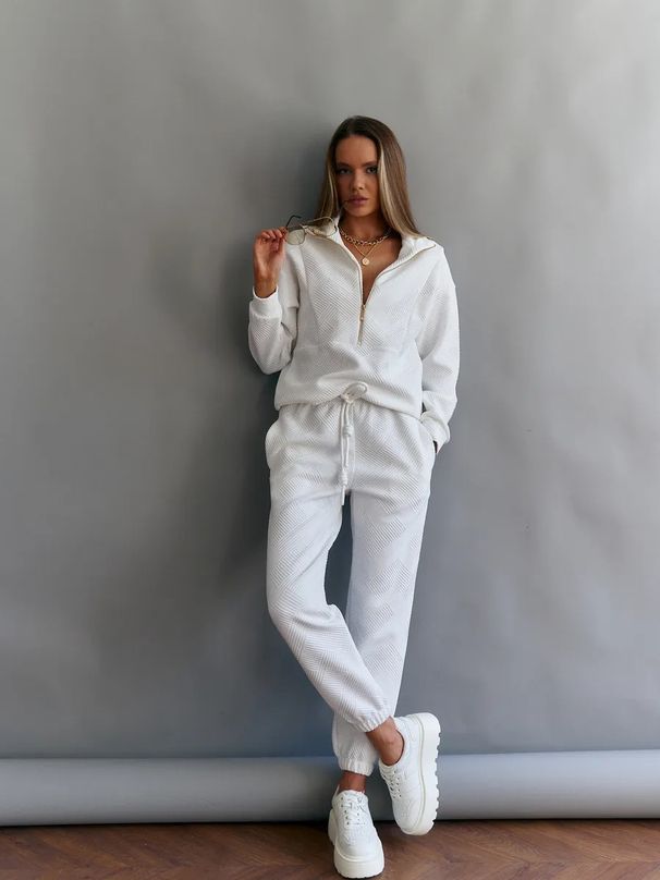 Casual European And American Women's Suit, Solid Color Long-sleeved Zipper Loose Top, Lace-up Trousers Two-piece Set_ecoleips.com