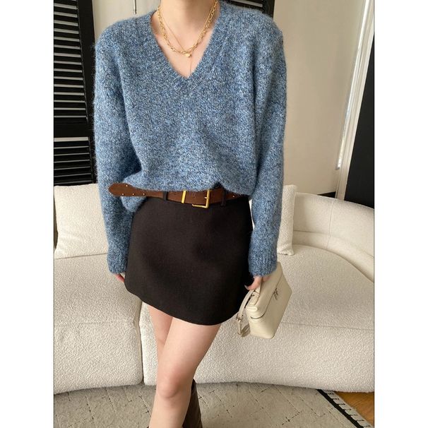 French-Inspired Soft Yarn V-Neck Sweater – Flattering Loose Fit, Lightweight & Breathable (One Size, Blue/Grey/Beige/Brown)_ecoleips.com