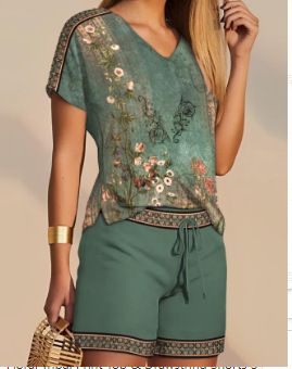 Verve 2025 Summer Women's Casual Fashion Printed Comfortable V-neck Top + Shorts Two-piece Set_ecoleips.com