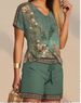 Verve 2025 Summer Women's Casual Fashion Printed Comfortable V-neck Top + Shorts Two-piece Set_ecoleips.com