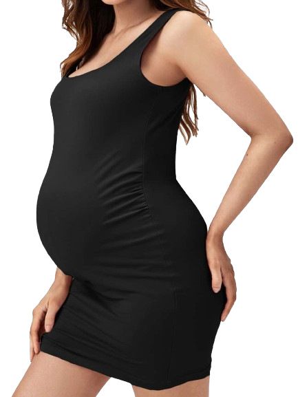 Women's Clothing Hip Wrapped Square Collar Waist Sleeveless Slim Solid Color Pregnant Belly Dress_ecoleips.com