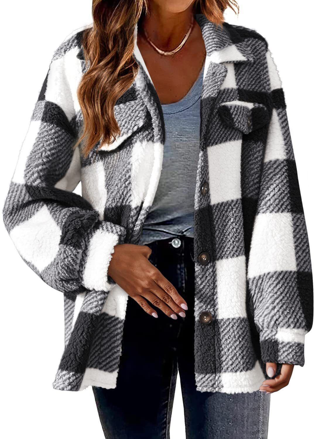 Women's Clothing Plaid Pattern Plush Coat Autumn Winter Button Down Collar Jacket Warm_ecoleips.com