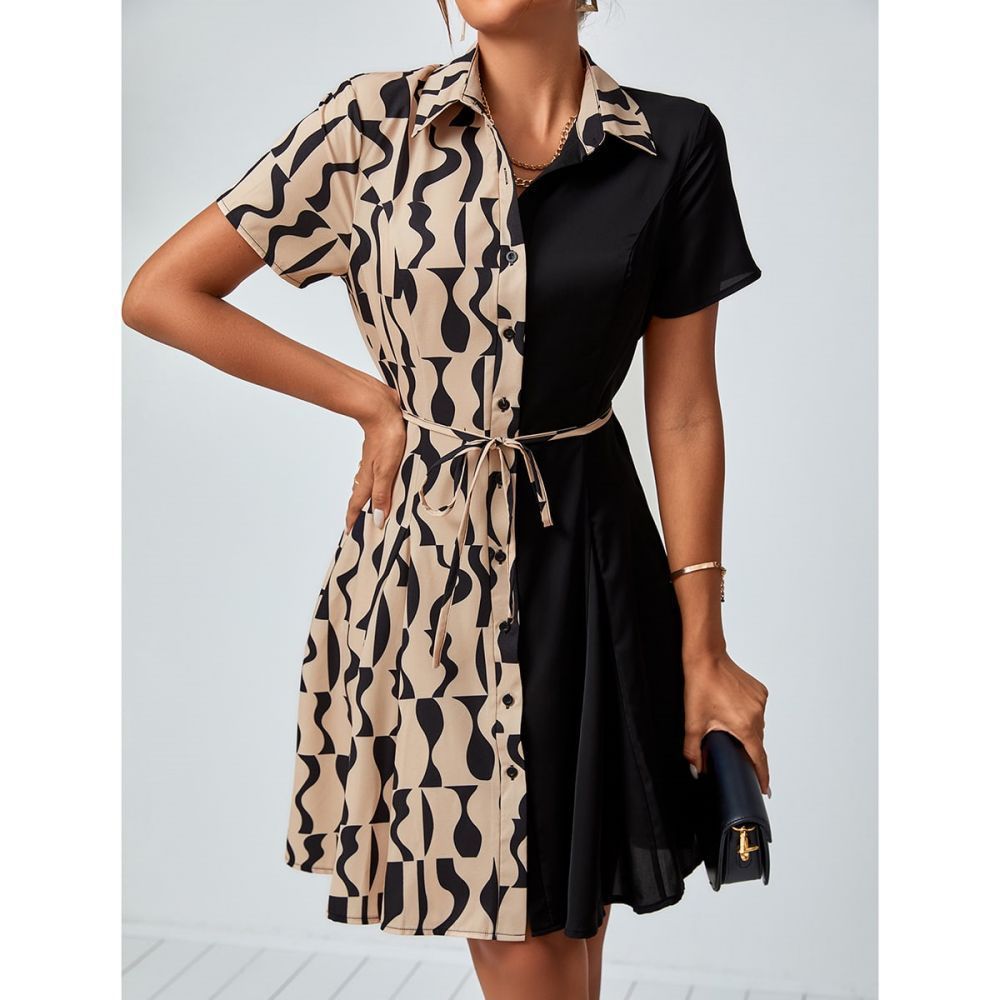 Women's Fashionable Patchwork Print Dress Clothing Tie Up Design Shirt Dress_ecoleips.com
