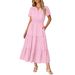 Women's V Neck Puff Sleeve Dress Ruched Short Skilled Full Skirt Spliced Long Style_ecoleips.com