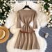 Retro Commuter Knit Dress – V-Neck Short Sleeve A-Line Skirt With Belt For Women (3 Classic Colors) Strategic Seam Placement_ecoleips.com