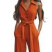 Women's Clothing Sleeveless Jumpsuit, V-Neck Wide Leg Romper In Vibrant Orange For Casual Outings_ecoleips.com