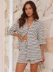 K Casual Two-piece Set With Five Quarter Sleeves Striped Shirt Top And Shorts Set_ecoleips.com