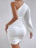 K Irregular Skirt Pleated Dress, Hip Hugging Skirt, Diagonal Shoulder Style. No Accessories_ecoleips.com