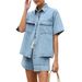 Women's Clothing Summer Women's Casual Loose Pocket Short Sleeved Shirt Shorts Denim Two Piece Suit_ecoleips.com