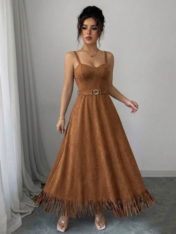 Western Style Women's Dress Is Thin, Fashionable, Fringed, Suspender, Waist Swing Dress, Daily Travel Party_ecoleips.com
