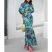 Women's Clothing Summer New Fashion Long Skirt Printed Floral Daisy Pastoral Super Slim Round Neck Fishtail Dress_ecoleips.com