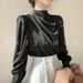 Elegant Satin Blouse – Vintage-Inspired Mandarin Collar Top For Women | Stretch Polyester Office Wear & Casual Chic Outfits_ecoleips.com
