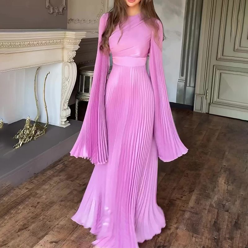 Women's Clothing Autumn Round Neck High Waist Dress Slim Fit Light Luxury Sexy Pleated Dress_ecoleips.com