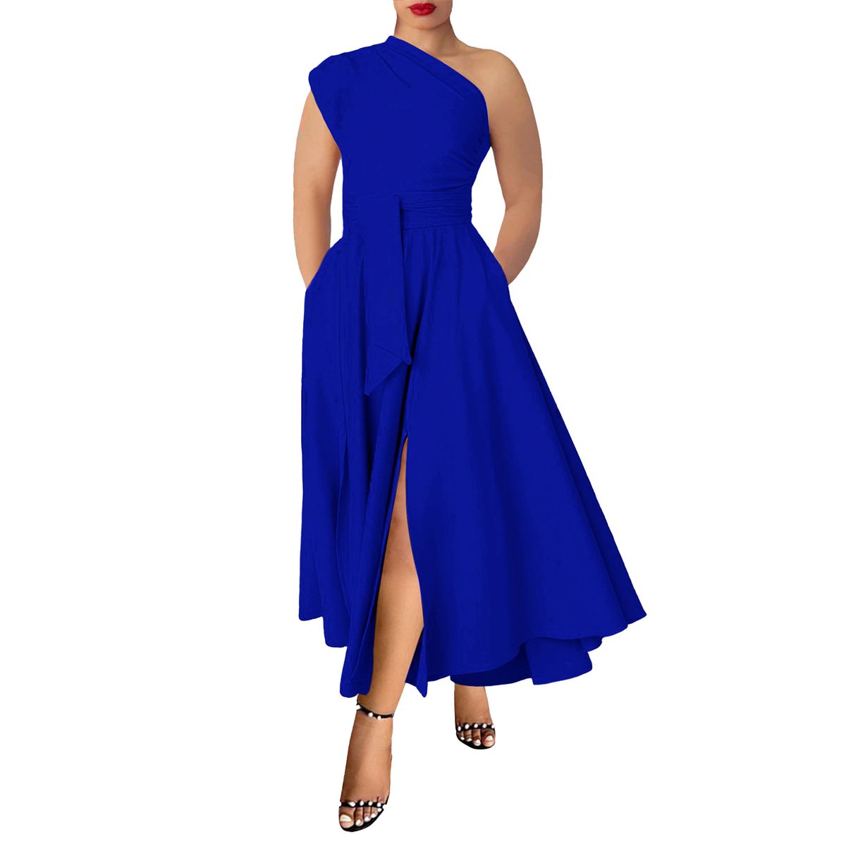 Women's Clothing Summer Hot Selling Fashion Women's Clothing Sleeveless Oblique Collar Solid Color Waist Large Swing Dress_ecoleips.com
