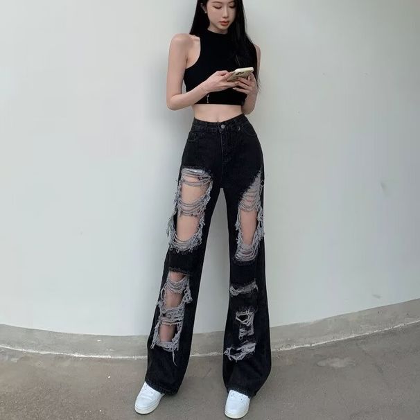 Hong Kong Style Distressed Jeans For Women Summer Straight Wide-Leg Floor-Length Loose Slimming Trendy Pants Ins_ecoleips.com