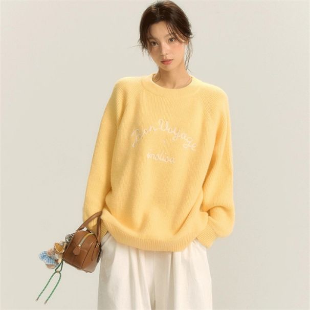 Winter-Ageing Color Contrast Letter Jacquard Round-Neck Knit Sweater For Women-Relaxed, Versatile, And Easy To Style_ecoleips.com