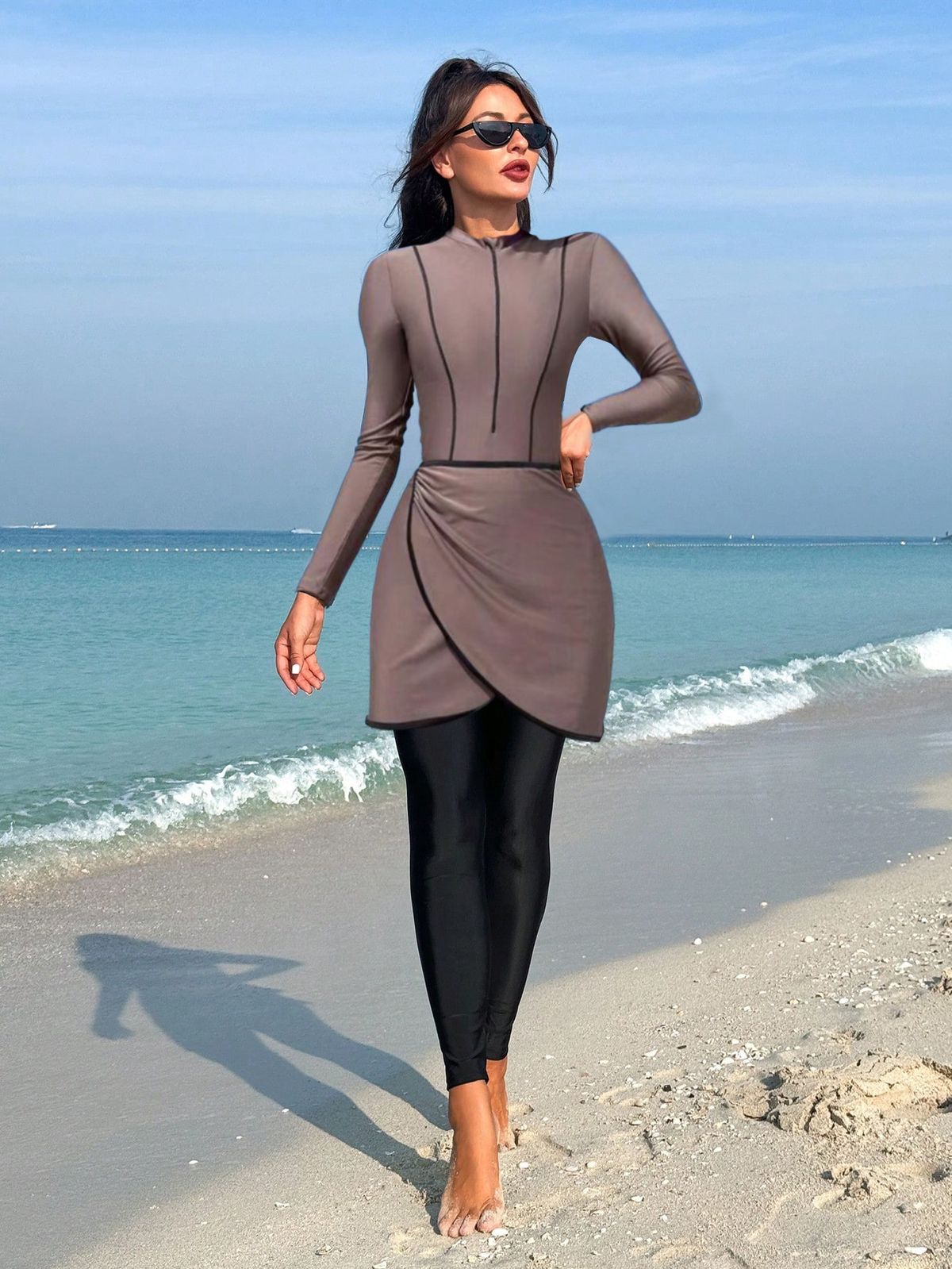 Women's Clothing Conservative Muslim Surfing Suit Women's Long Sleeve Zipper Swimsuit Beachwear One-Piece Swimwear Polyester Lycra Innerlining_ecoleips.com