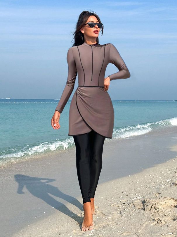 Women's Clothing Conservative Muslim Surfing Suit Women's Long Sleeve Zipper Swimsuit Beachwear One-Piece Swimwear Polyester Lycra Innerlining_ecoleips.com