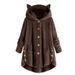 Women's Fluffy Hooded Cat Ear Button-Up Jacket With Asymmetrical Design - Cozy Oversized Streetwear Coat In Solid & Animal Print_ecoleips.com