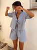K New Women's Plaid Striped Elastic Cuffs Casual Fashion Drawstring Elastic Waist Shorts Set_ecoleips.com