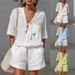 Women's Solid Color Casual Two Piece Set With Pockets Drawstring V Neck Loose Fit Short Sleeve Top And Shorts_ecoleips.com