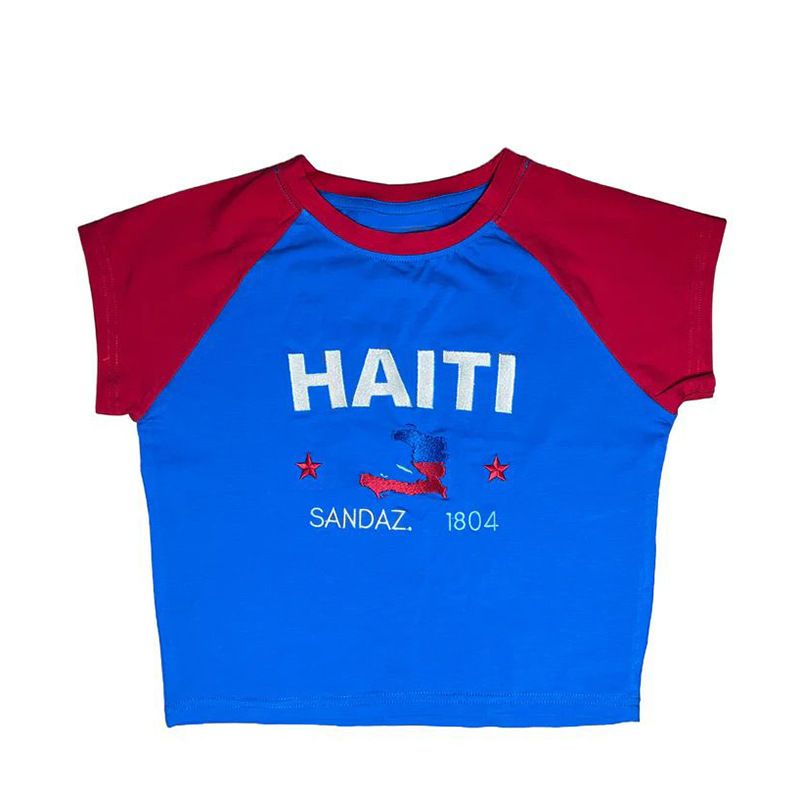 Women's Short Sleeve round Neck Casual T-Shirt Minimalist Style Letter Flag Embroidered European American Cross Border Summer Top_ecoleips.com
