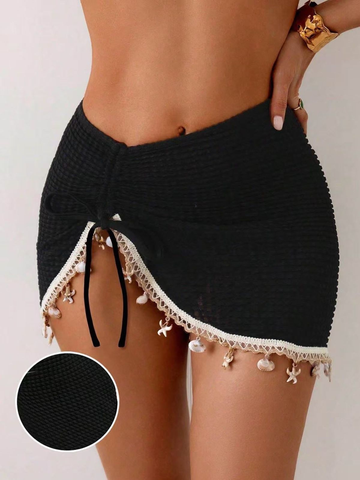 Women's Black Knitted Bikini Cover Up Dress Sexy Slit Seashell Starfish Tassel Decorations Beachwear_ecoleips.com