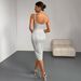 Women's Clothing Sexy V Neck Solid Color Hip Wrapped Medium Length Banquet Evening Dress_ecoleips.com