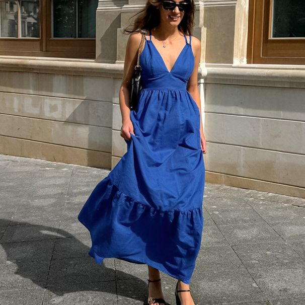 Spring/Summer V-Neckline Backless Strapless Dress With Stylish A-Line Silhouette, Long Dress For Women_ecoleips.com