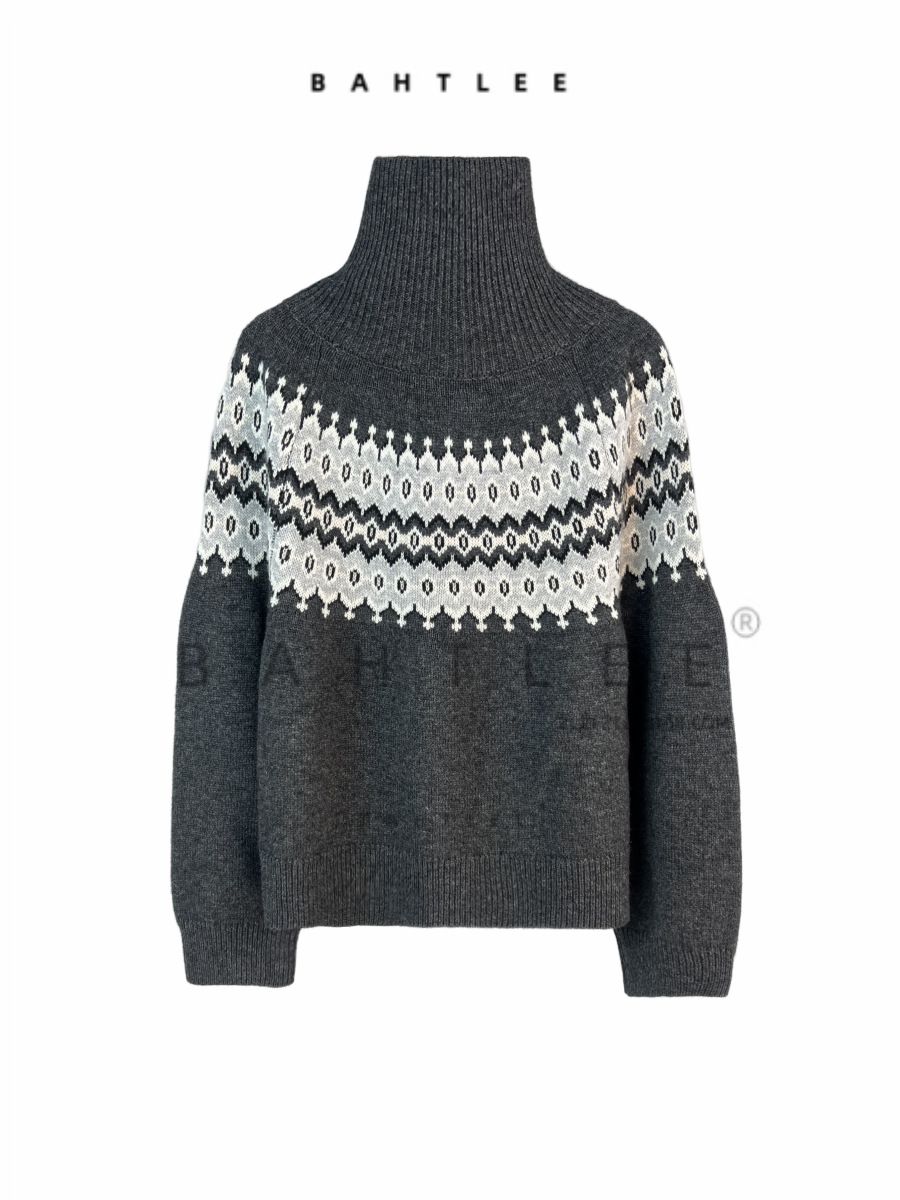 girl Autumn Winter British Basulan Wool Fair Isle Style Color-Block Chimney Collar Knitted Slightly Loose Thickened Sweater_ecoleips.com