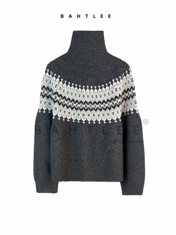 girl Autumn Winter British Basulan Wool Fair Isle Style Color-Block Chimney Collar Knitted Slightly Loose Thickened Sweater_ecoleips.com
