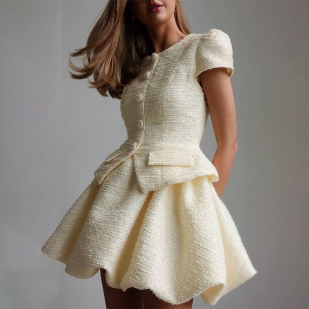 Elegant Bouffant Skirt Set – Short Sleeve Blazer & Mini Skirt (S/M/L, 3D Texture & Princess Style)_ecoleips.com