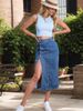 Women's Multi-Button Stretch Denim Long Skirt_ecoleips.com
