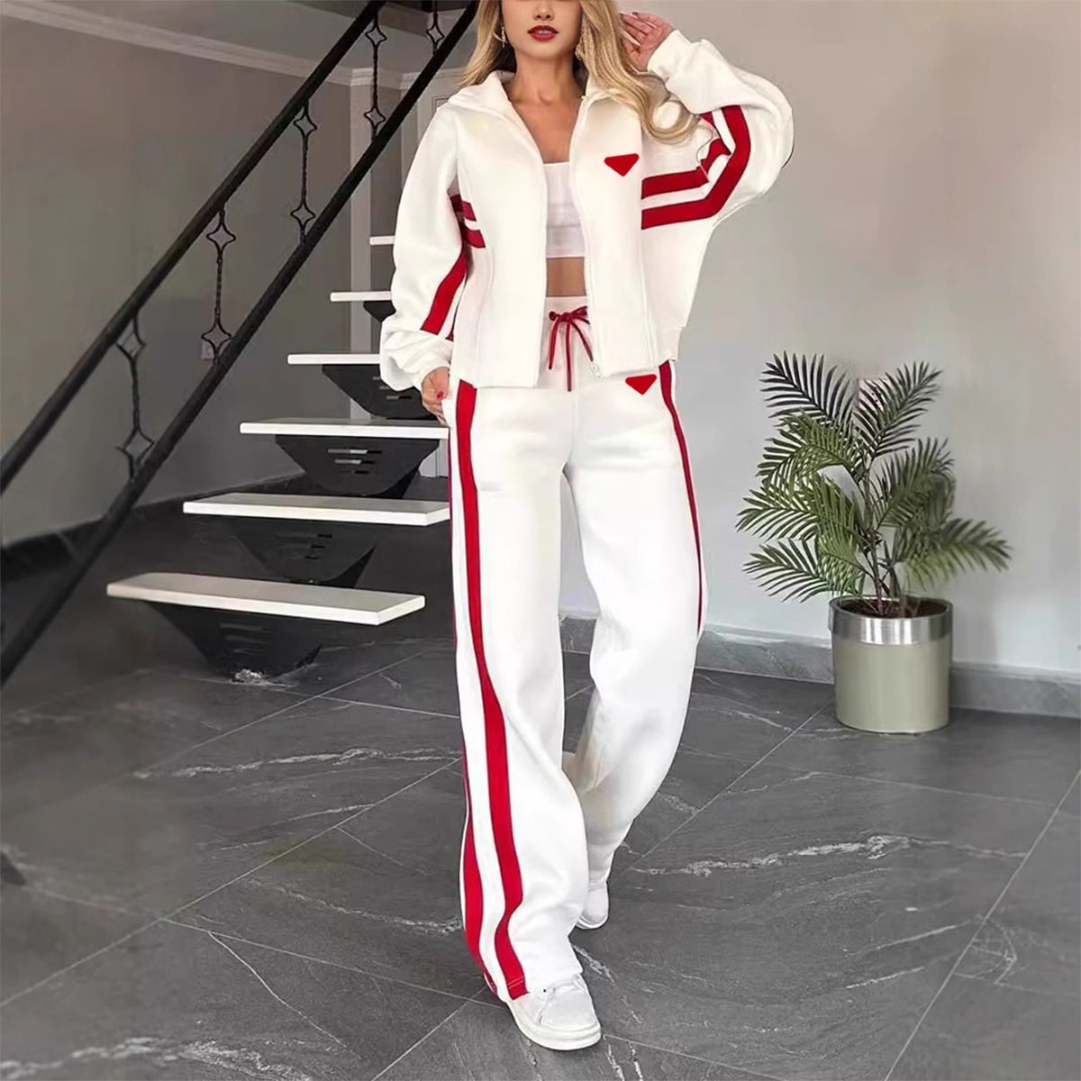 Women's Silicone Print Two-Piece Set - Trendy Color Block Tracksuit For Casual & Sporty Style_ecoleips.com