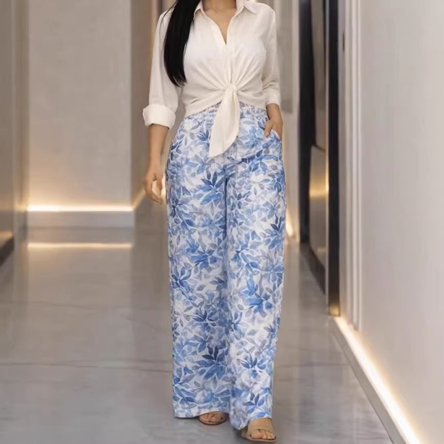 Women's Clothing Spring Women's Floral Print Two-Piece Set Tie-Waist Shirt Wide Leg Pants Style Long Sleeve For Formal & Casual_ecoleips.com
