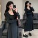 Autumn New Korean Fashion Mid-Length Vest 2-Piece Maternity Dress_ecoleips.com