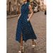Women Sleeveless Polka Dot Vintage Turn Down Collar Fake Button Lace Up Waist Casual Elegant Party Dress_ecoleips.com