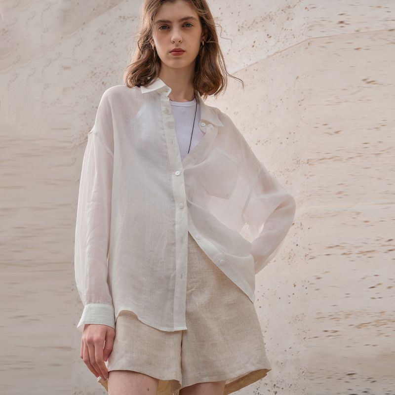 High End Women's Pure Ramie Long Sleeve Shirt Spring Summer 2026 French Style Sun Protection Loose Cardigan Lapel Thin Shirt_ecoleips.com