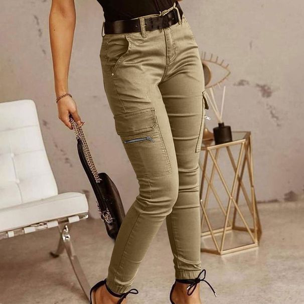 Women's Clothing Women's Mid-Waist Button Detail Trousers Style Solid Color Pockets Cuff Overalls For Formal & Casual_ecoleips.com