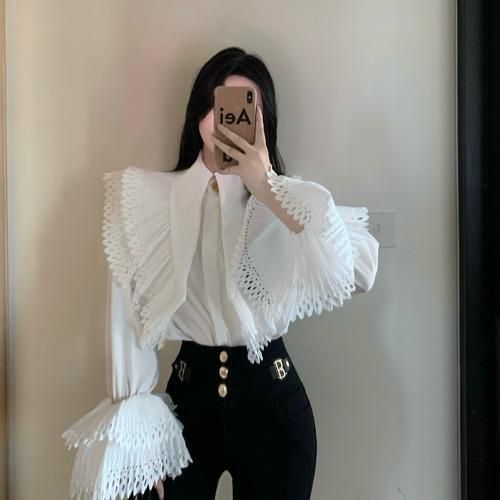 2026 Early Spring New French Style White Ruffle Shirt For Women, Loose Design With Hollow Out Details And Unique Bell_ecoleips.com