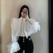 2026 Early Spring New French Style White Ruffle Shirt For Women, Loose Design With Hollow Out Details And Unique Bell_ecoleips.com
