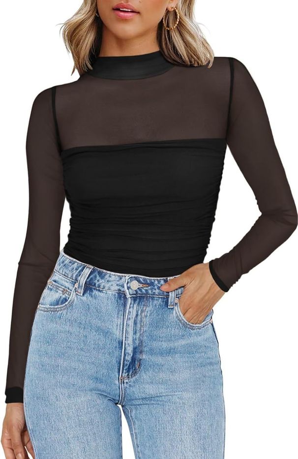European And American Cross-border 2025 New Solid Color Round Neck Mesh Splicing See-through Long Sleeve_ecoleips.com