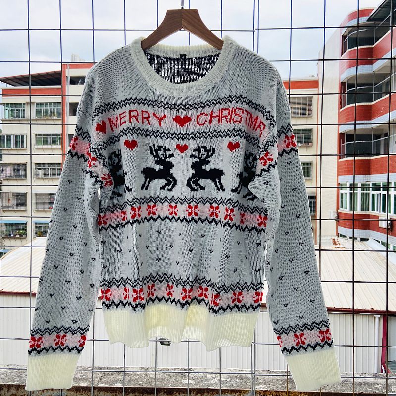 Women's Knit Sweater Fall Christmas Deer Pattern Loose Fit Round Neck Long Sleeve Pullover Top_ecoleips.com