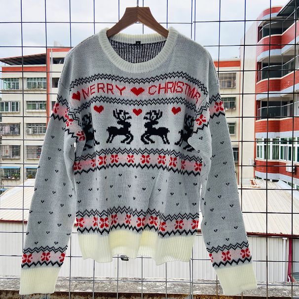 Women's Knit Sweater Fall Christmas Deer Pattern Loose Fit Round Neck Long Sleeve Pullover Top_ecoleips.com