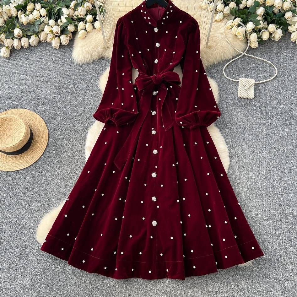 Elegant French Retro Velvet Dress With Embellished Beading, High Neck, Lantern Sleeves, Lace-Up Waist & Flared Hem_ecoleips.com